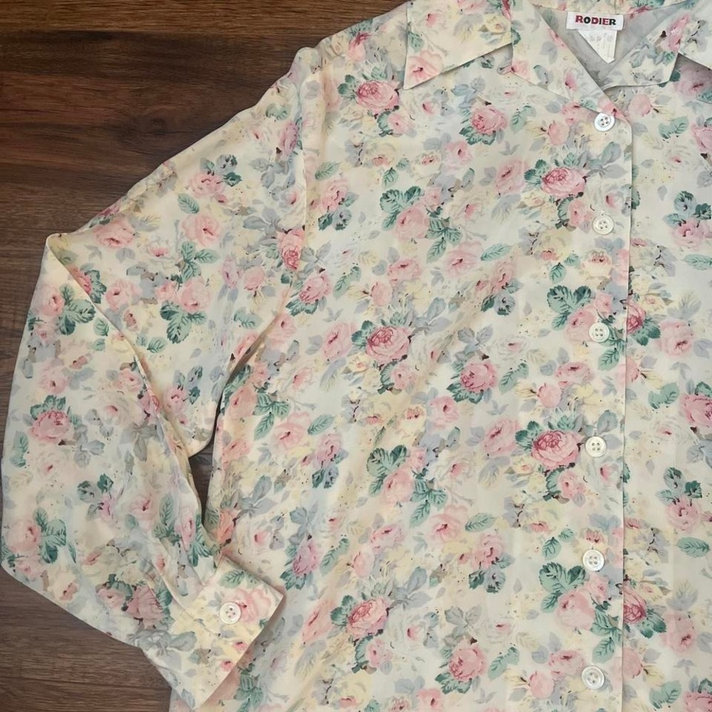 Vintage 90s Cream Pink Pastel Floral Button Up 100% Silk Cottagecore Boho‎ Fairy - Picture 3 of 6
